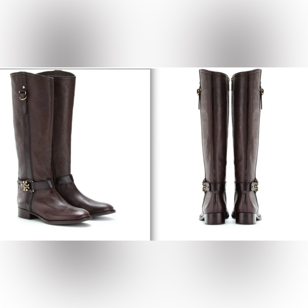 STUNNING Tory Burch Brown Elina Pebbled Leather Logo Boots $525+! SOLD OUT.